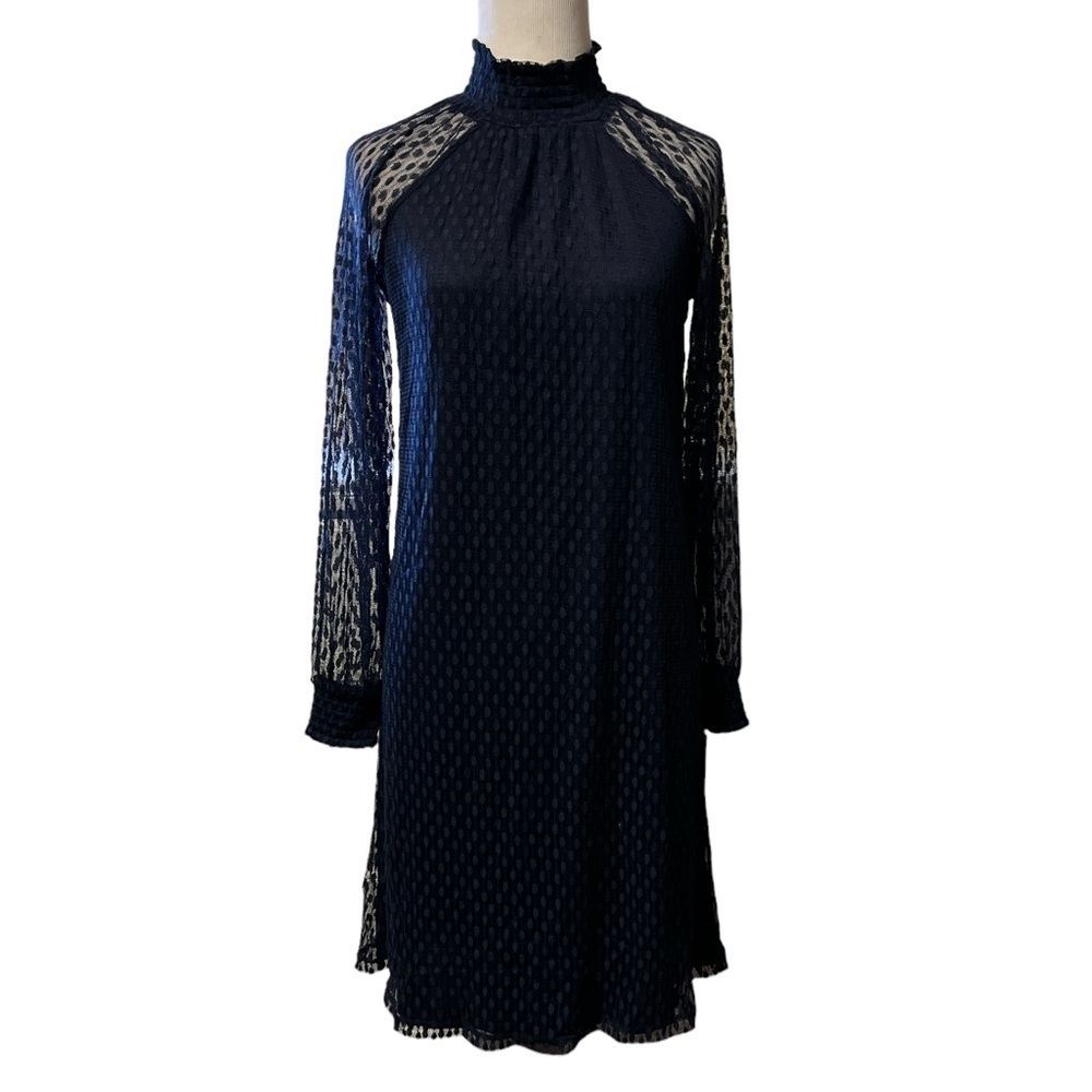 Nina Leonard blue lace long sleeve dress with turtleneck, new
